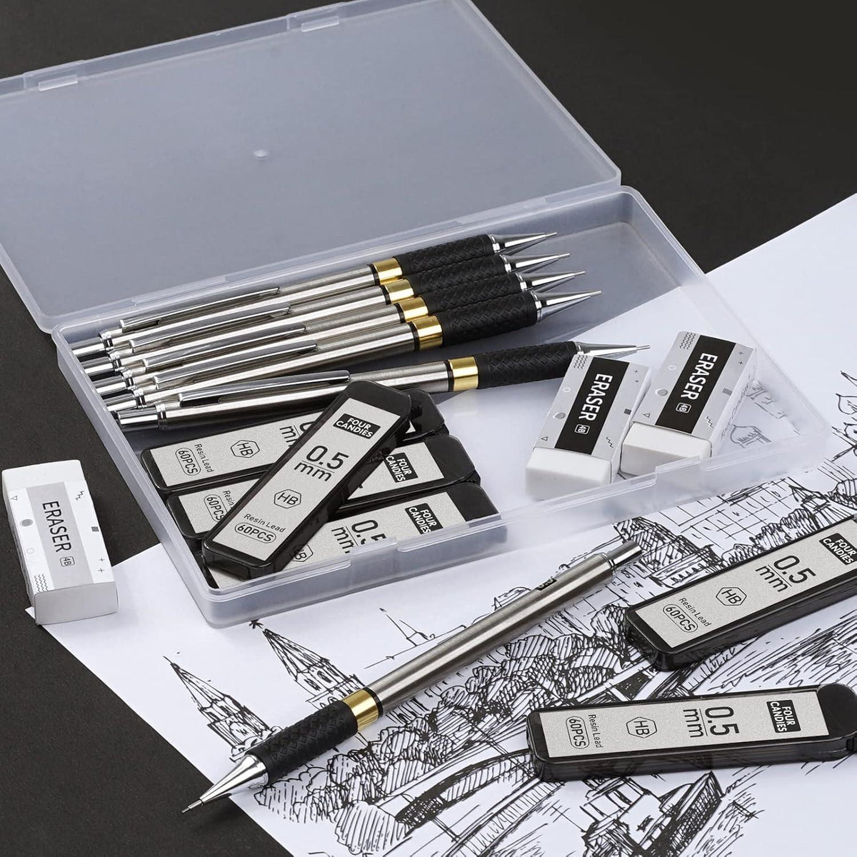 Druckbleistift Set 0,5mm mit Metall Minenbleistifte, 360 HB-Minen, 3