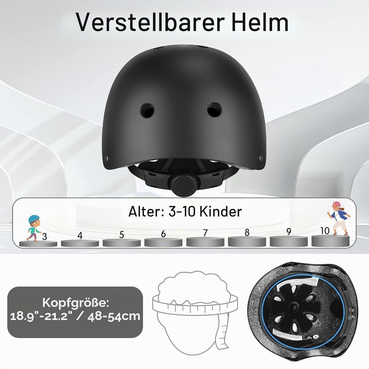 Kinderschonerset Helm, Knieschützer & Ellenbogenschützer (Schwarz)