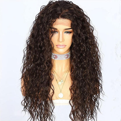 Lockige Lace Front Perücke Braun 26 Zoll Synthetisch Hitzebeständig