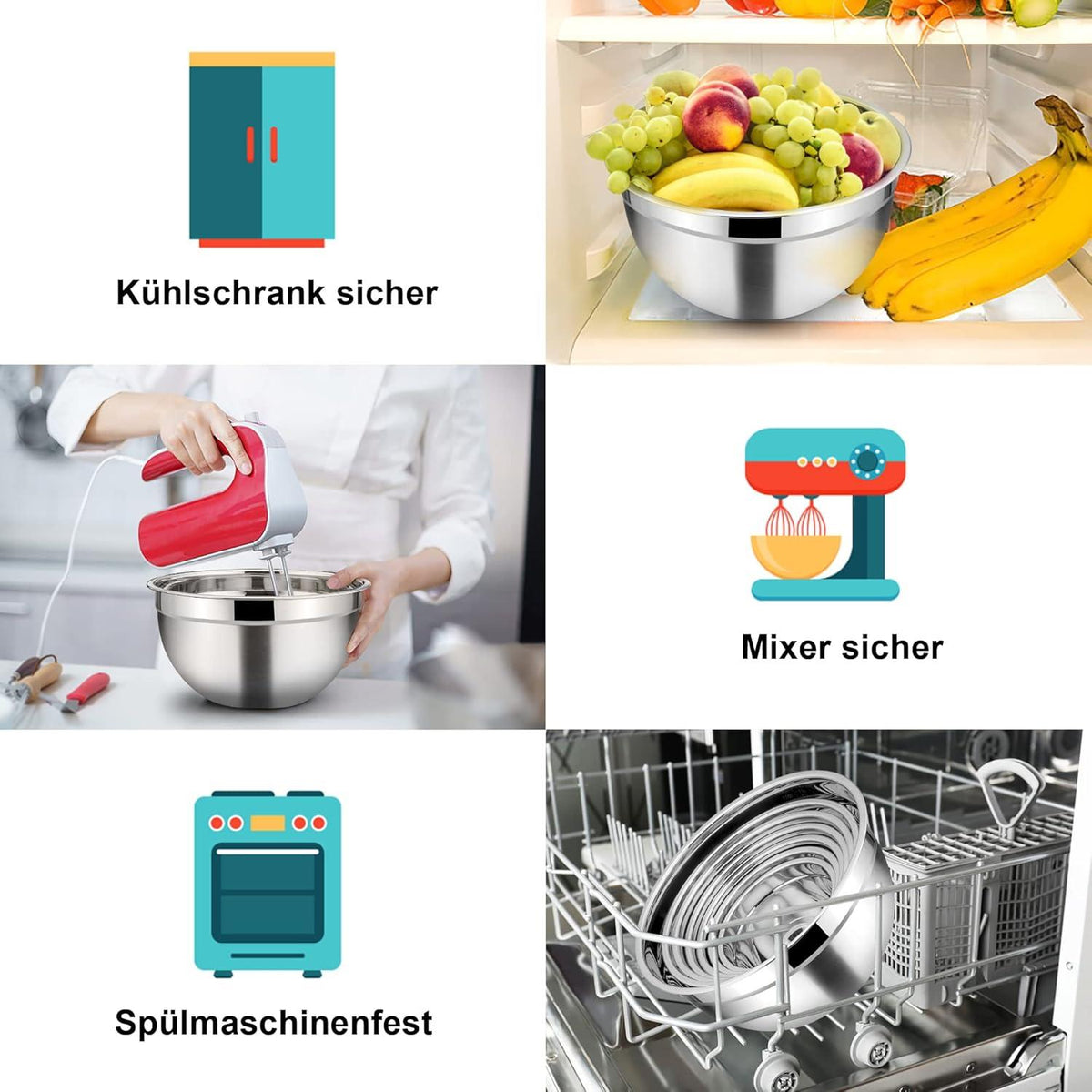 7er Set Edelstahl Rührschüsseln mit Deckel - Stapelbar