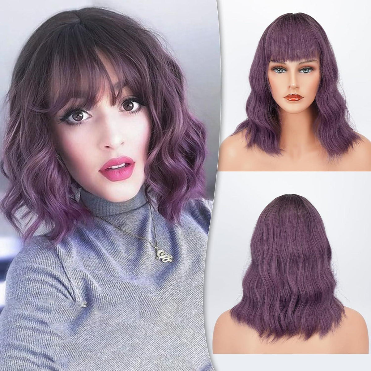 Lockige Bunte Bob Perücke mit Pony Naturlook Synthetik Lang