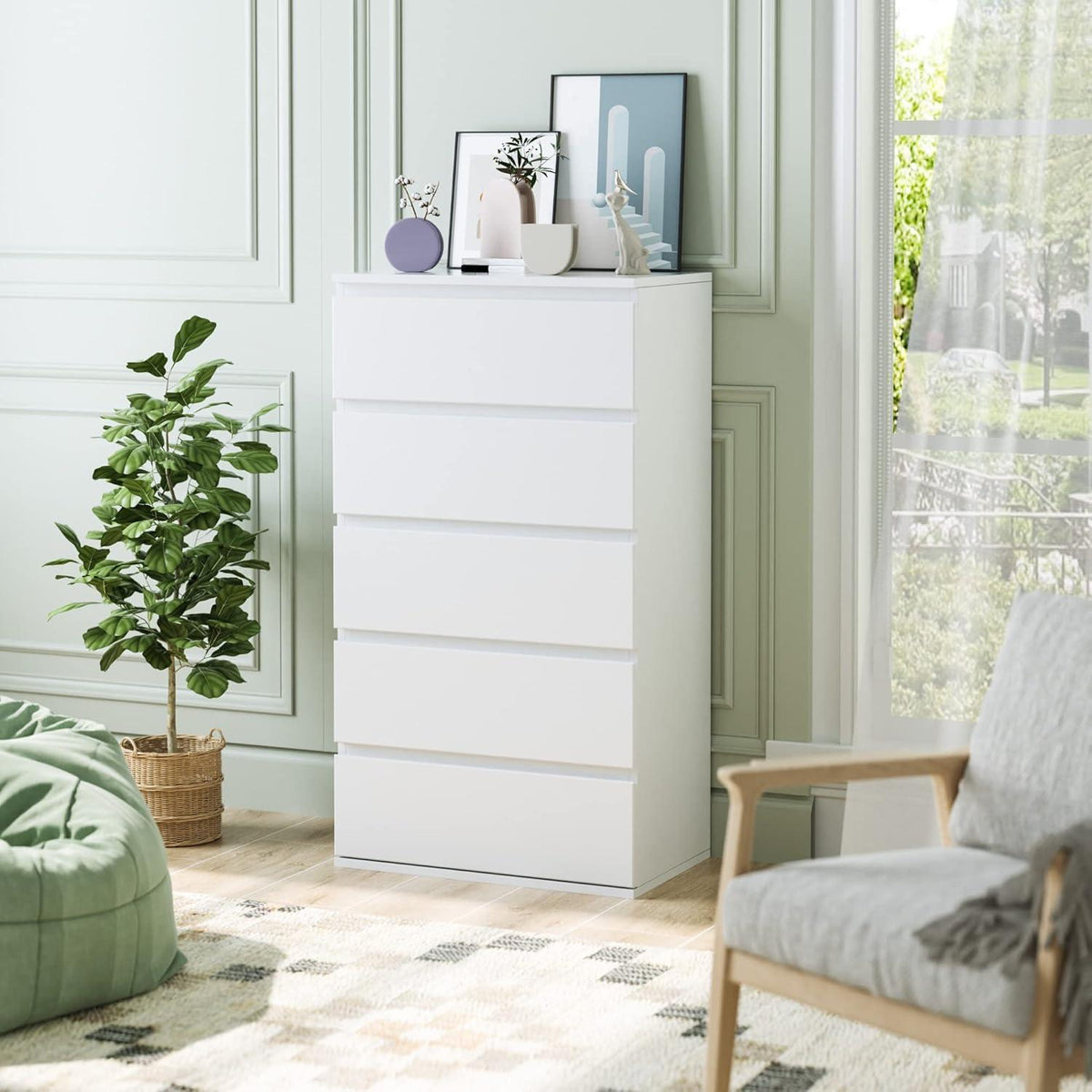 Weiße Kommode mit 5 Schubladen – Schmaler Schubladenschrank für Schlafzimmer