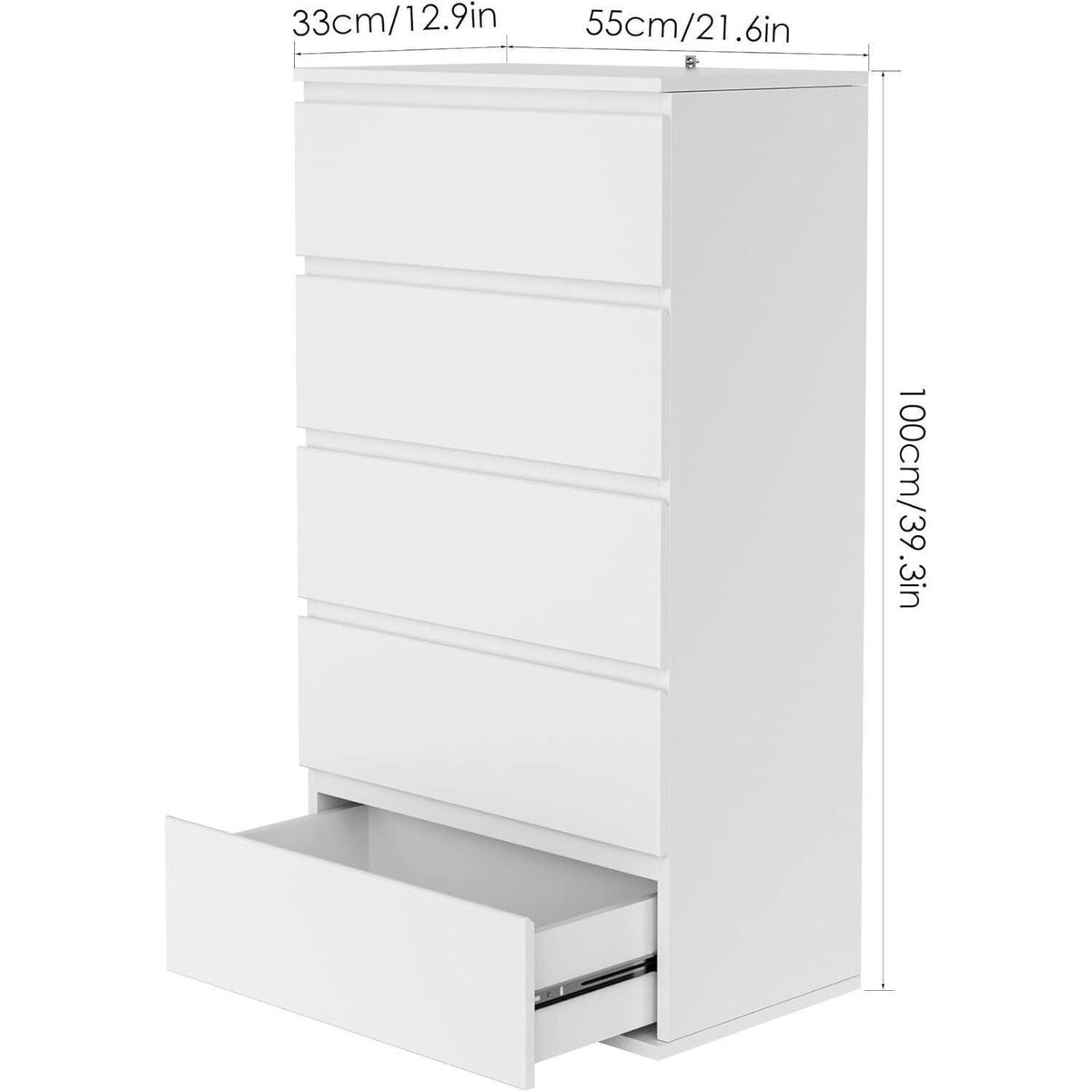 Weiße Kommode mit 5 Schubladen – Schmaler Schubladenschrank für Schlafzimmer