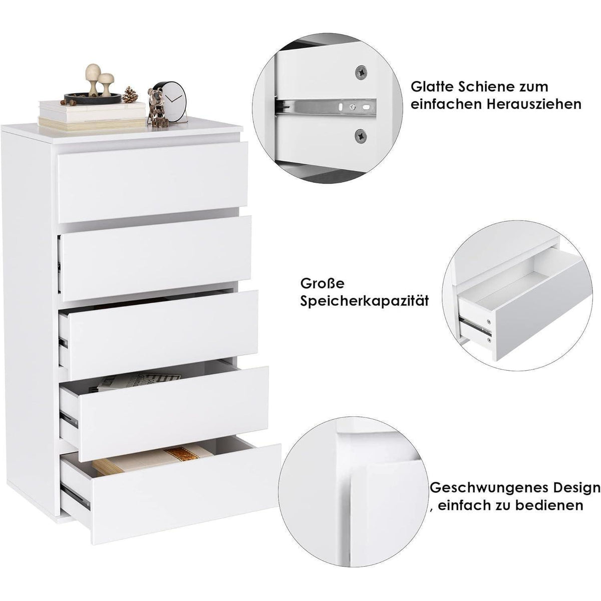Weiße Kommode mit 5 Schubladen – Schmaler Schubladenschrank für Schlafzimmer