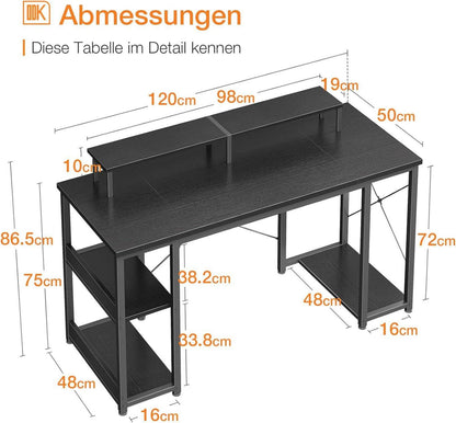 ODK Gaming Schreibtisch 120x50 Schwarz PC Tisch mit Monitorständer