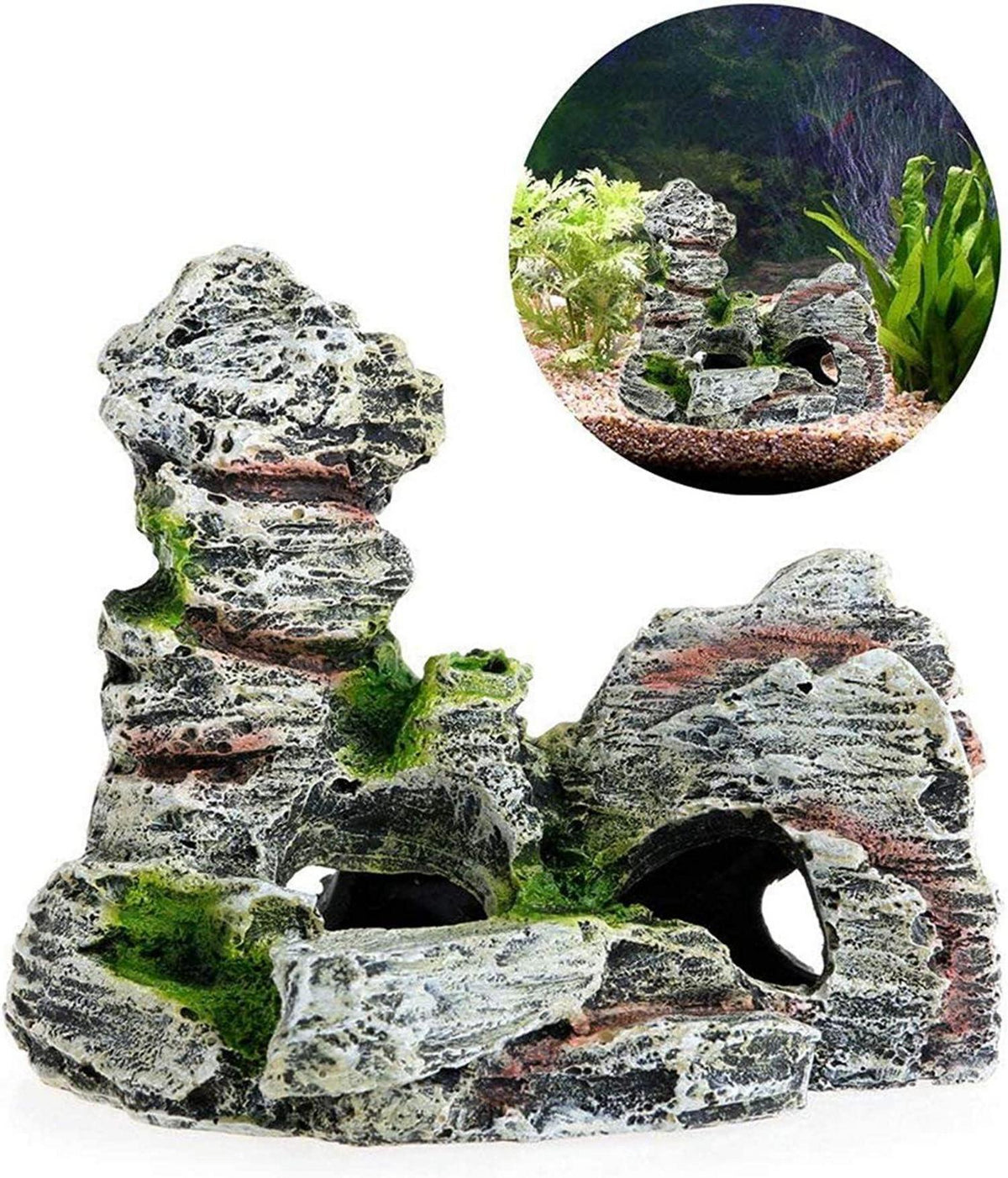 Aquarium Rock Cave Dekoration mit Grünem Gras 2er Set