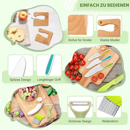 Kindermesser Set 8-teilig | Sicheres Holzmesser & Montessori Schneidewerkzeug