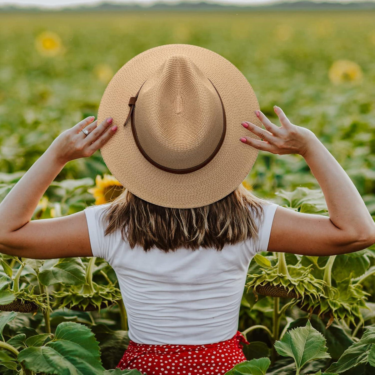 Damen Panama Hut Fedora Sonnenhut Breiter Rand Stroh UPF 50+ Khaki