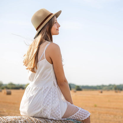 Damen Panama Hut Fedora Sonnenhut Breiter Rand Stroh UPF 50+ Khaki