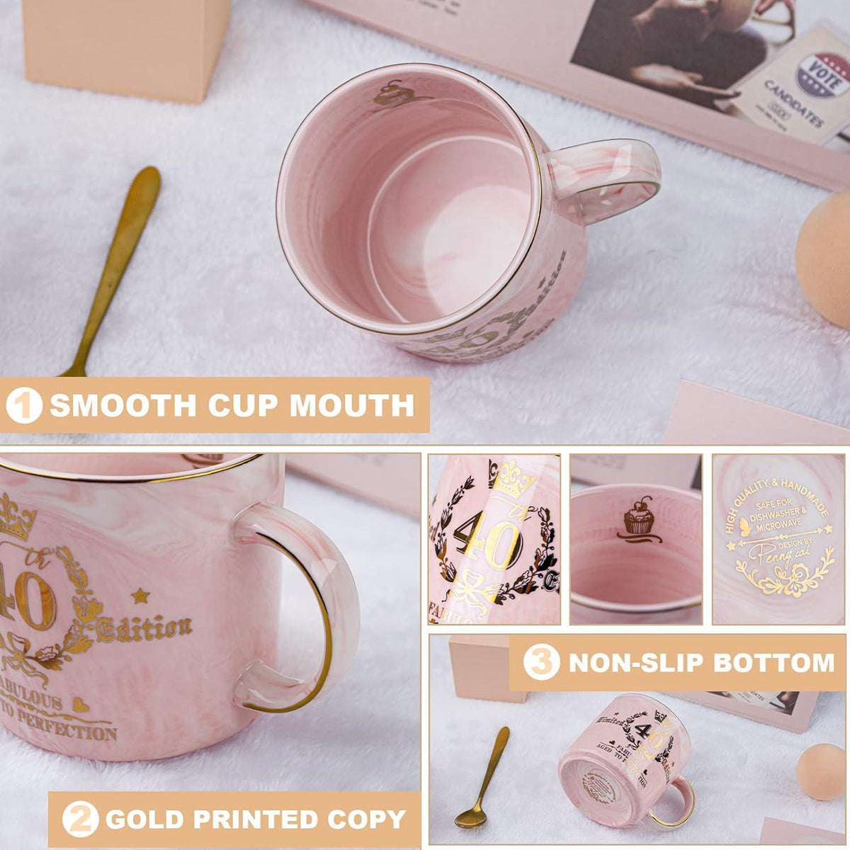 40. Geburtstag Tasse Marmor Keramik mit Golddruck & Geschenkbox