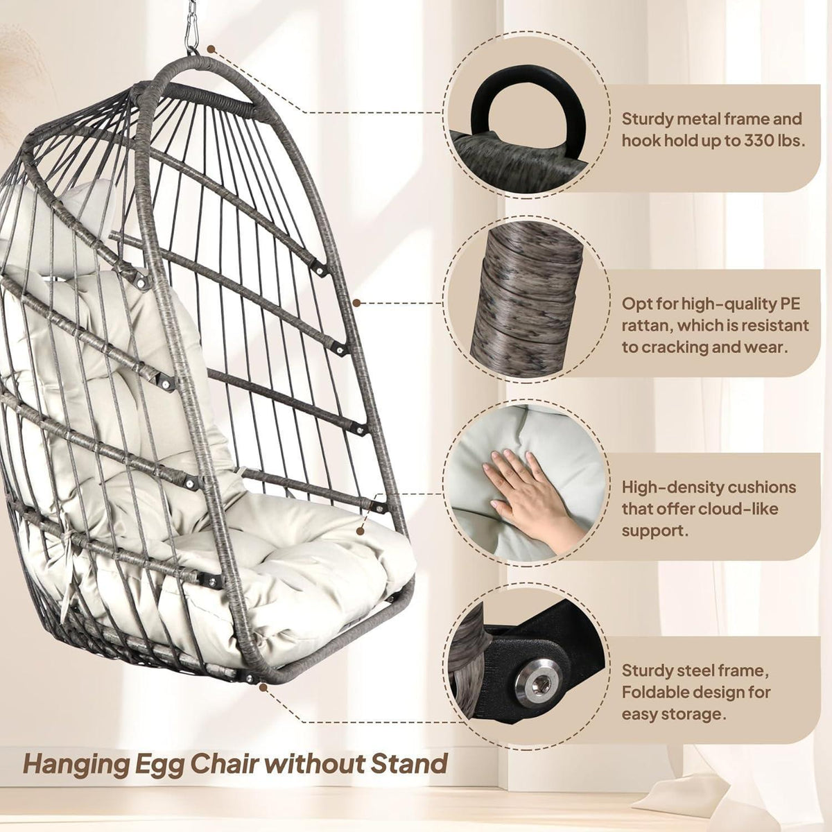 Faltbarer Rattan Hängesessel mit Kissen – Grau