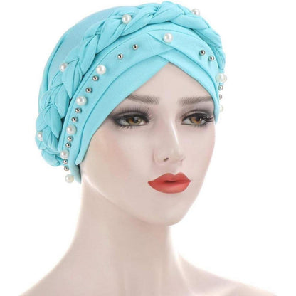 Damen Turban mit Perle – Chemo & Haarausfall Kopfbedeckung seeblau