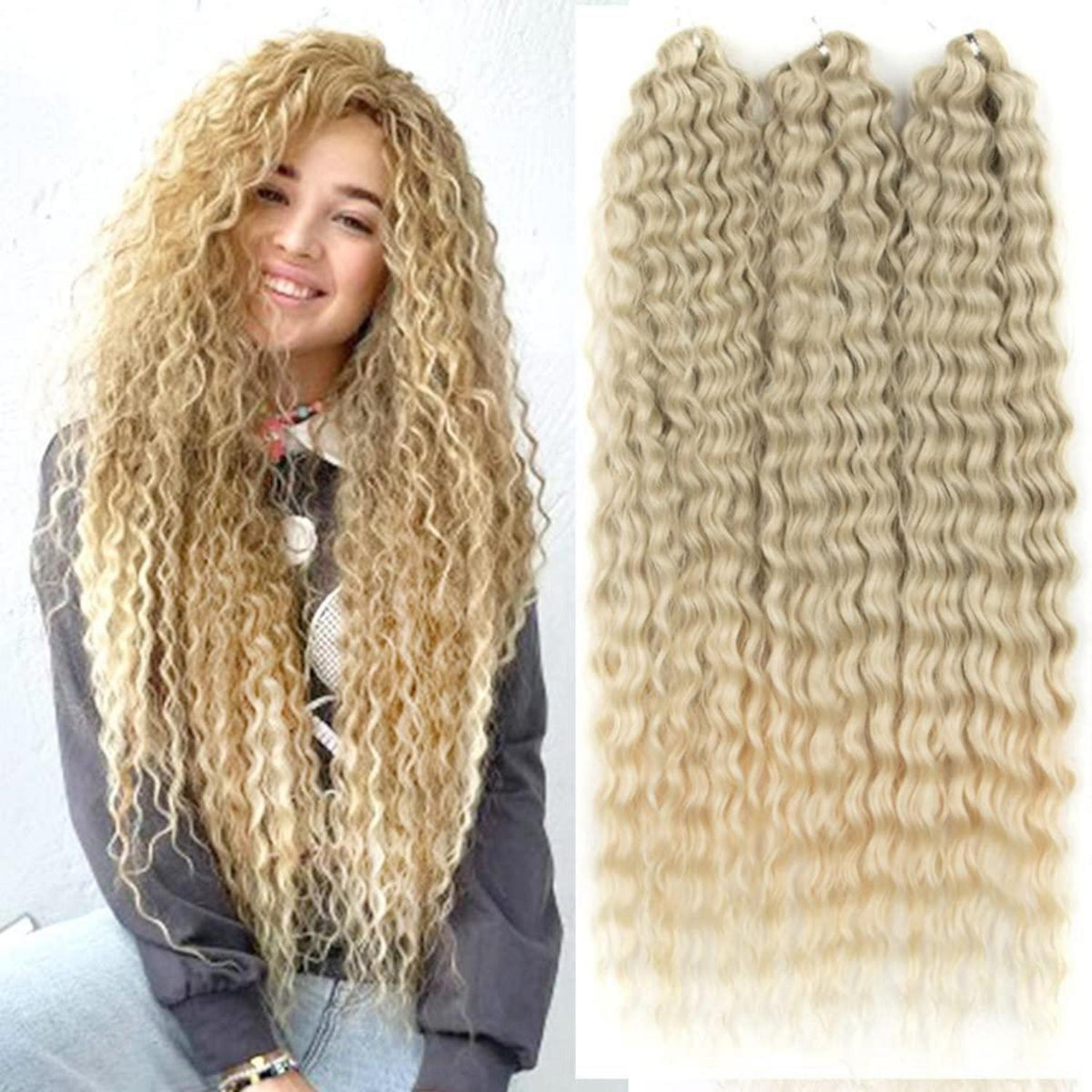 3x 22 Zoll Blond Häkelzöpfe Haar – Wasserwellen Locken