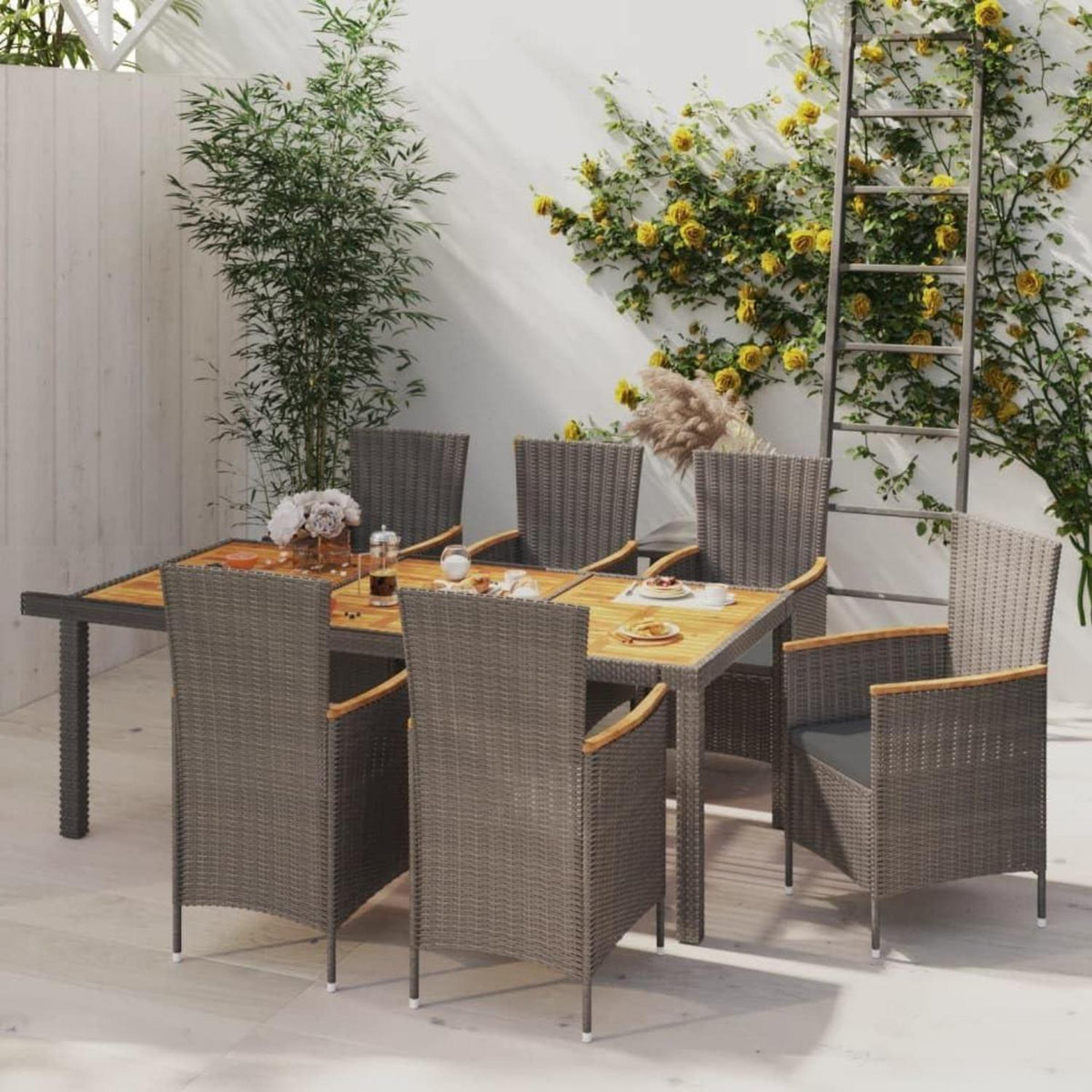 vidaXL 7-TLG. Gartenmöbel-Set in Grau mit Auflagen aus Poly