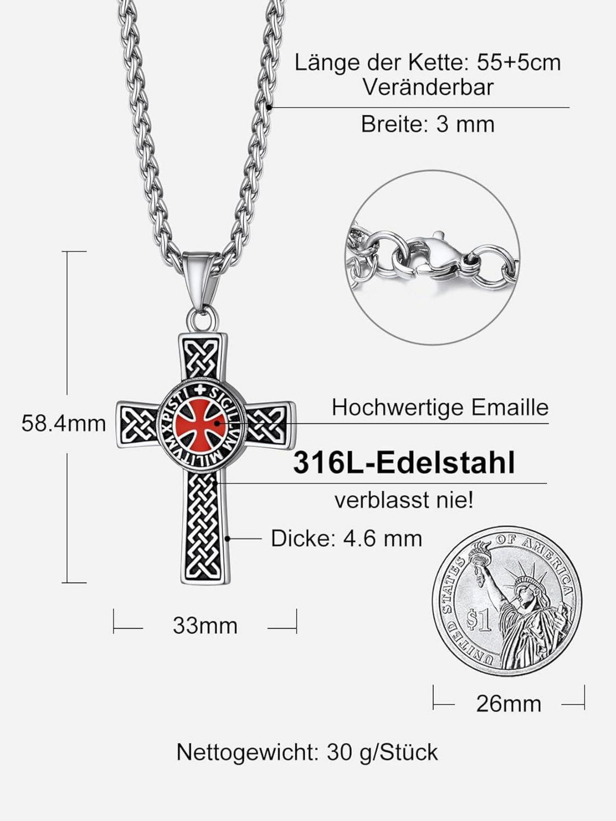 Edelstahl Tempelritter Halskette mit Kreuz für Herren - Geschenkbox