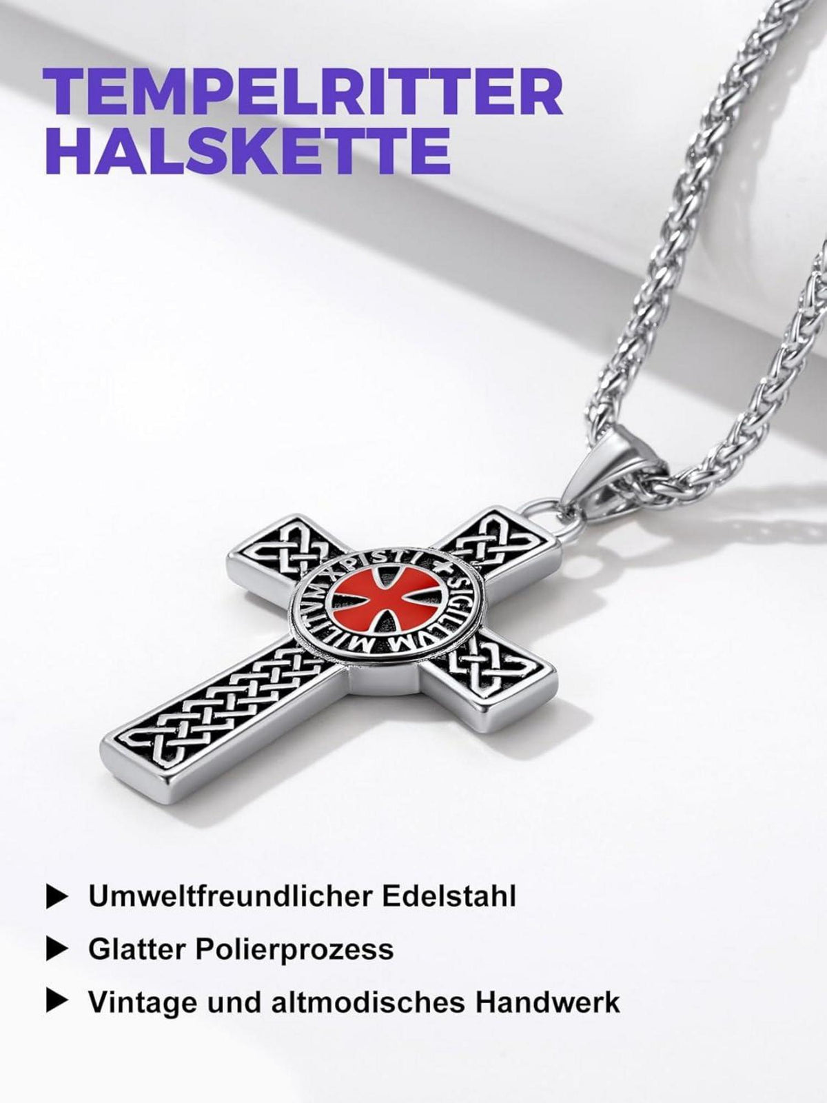Edelstahl Tempelritter Kette mit Kreuz für Herren - Geschenkverpackt