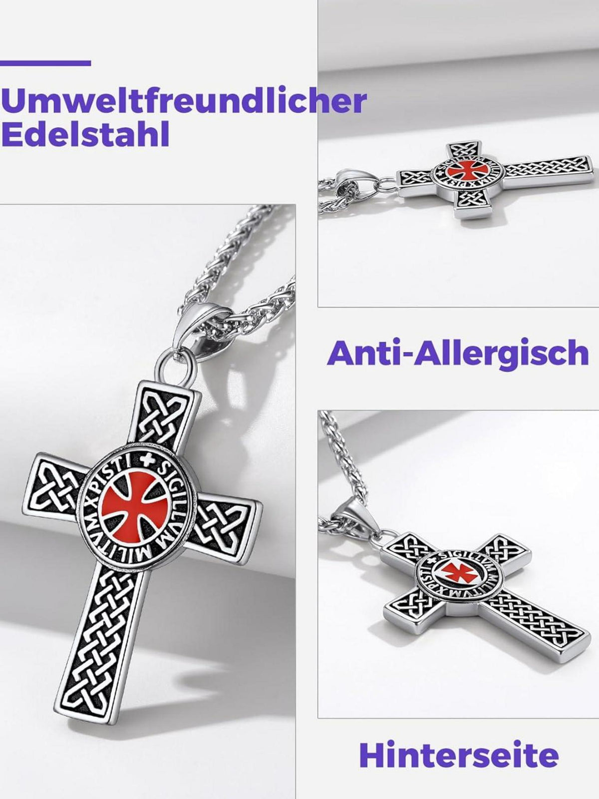 Edelstahl Tempelritter Kreuz Halskette 22'' für Herren Jungen - Silber