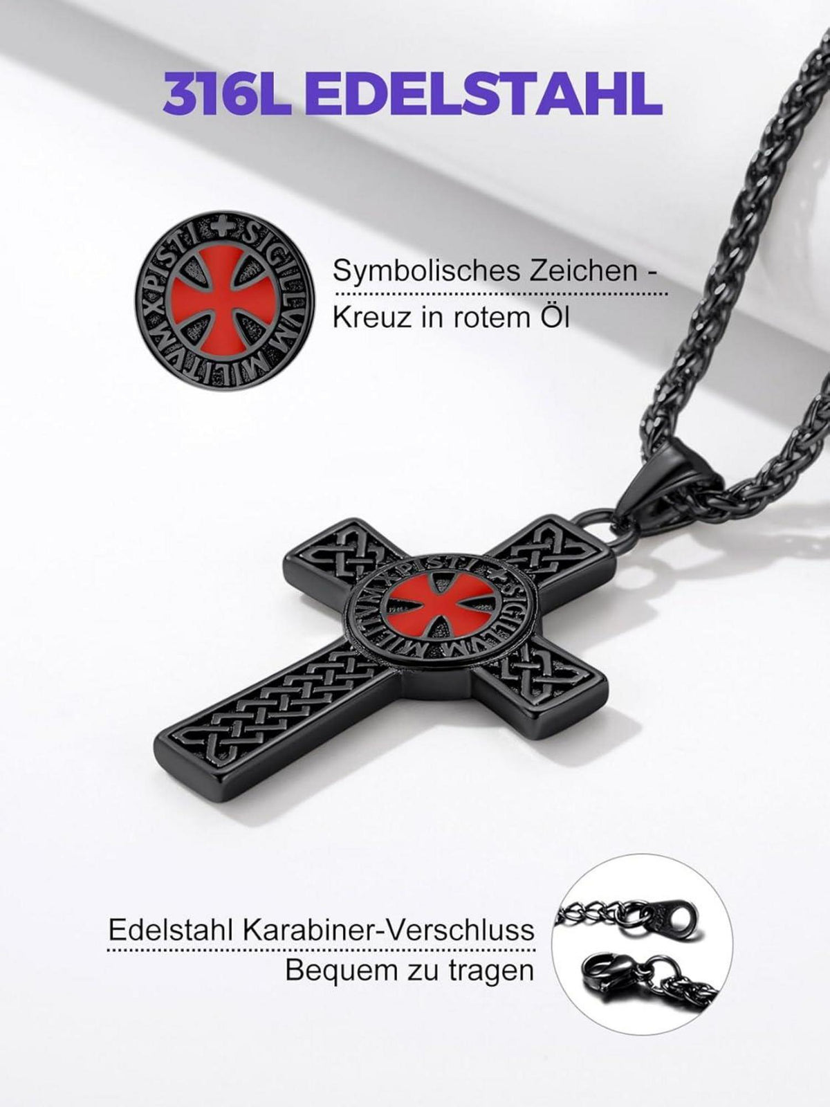 Edelstahl Tempelritter Kreuz Anhänger Herrenkette Schwarz