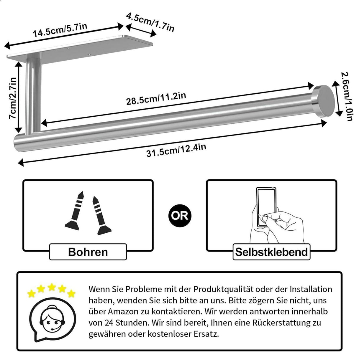 Küchenrollenhalter Edelstahl Wandmontage silber selbstklebend bohrbar