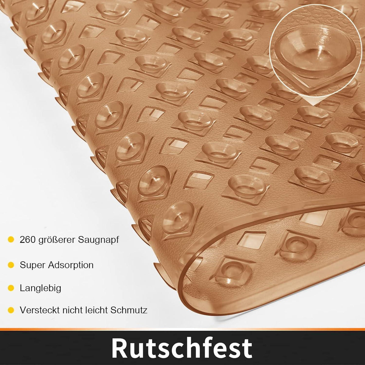 Badewannenmatte extra lang, rutschfest & ablaufend, braun