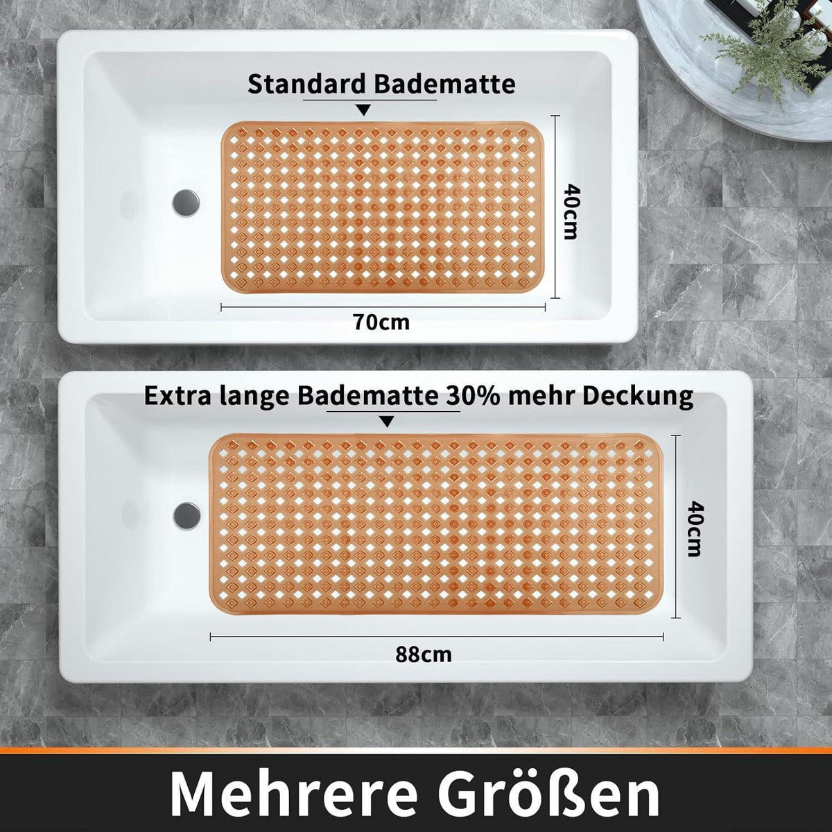 Badewannenmatte extra lang, rutschfest & ablaufend, braun