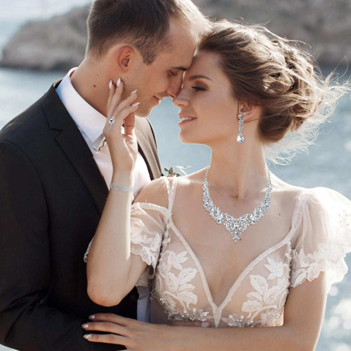 Hochzeit Schmuck Set Damen Kristall Braut Vintage Silber Ohrringe Halskette