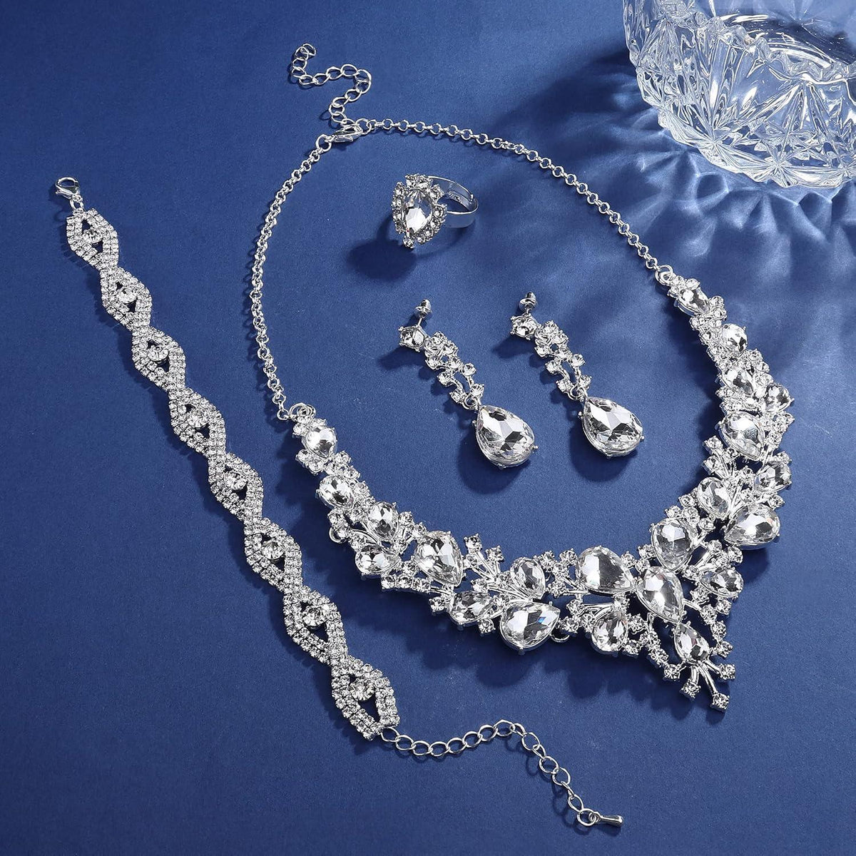 Hochzeit Schmuck Set Damen Kristall Braut Halskette Ohrringe Armband