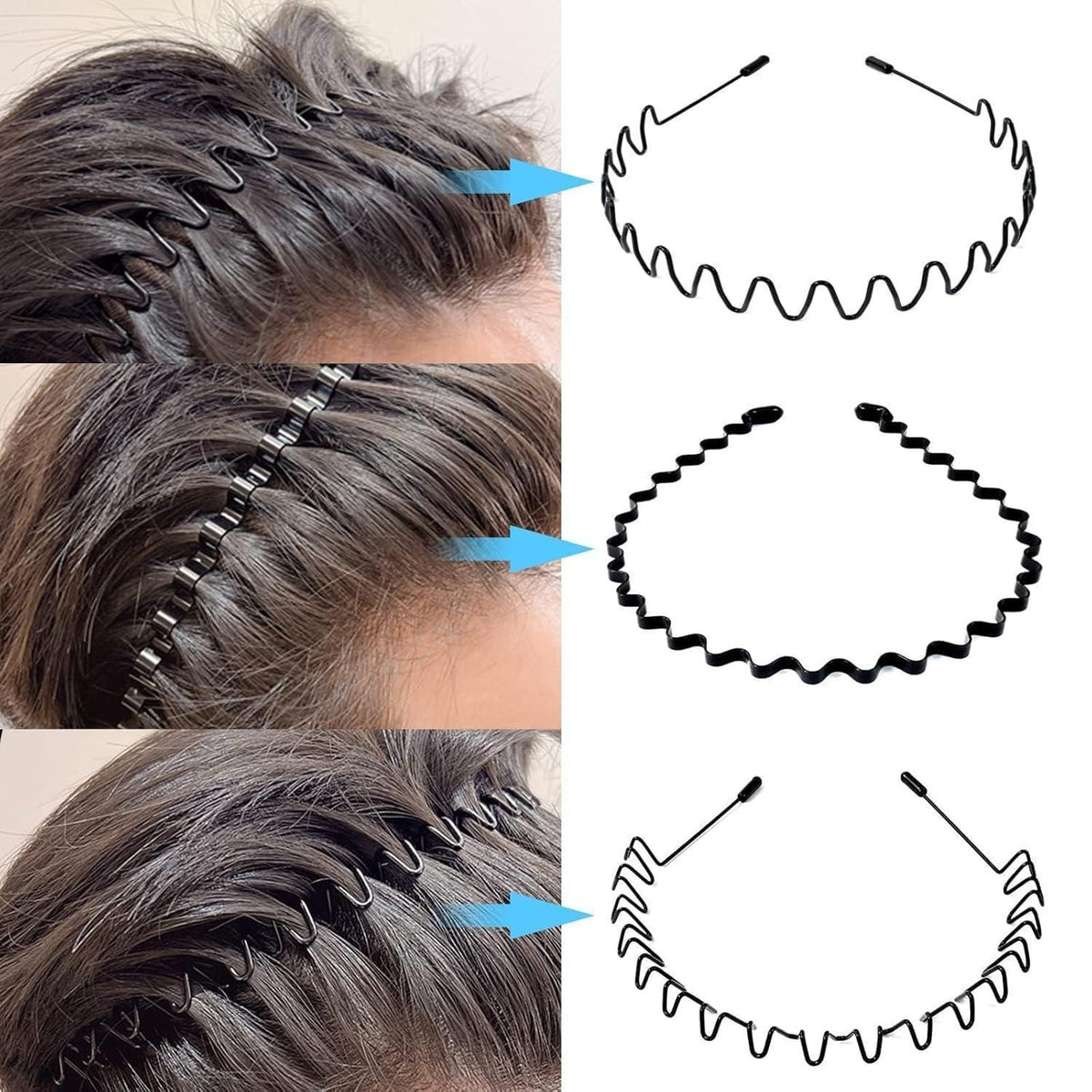 6er Set Metall Haarband, Schwarz Welle Stirnband Unisex, Verstellbar