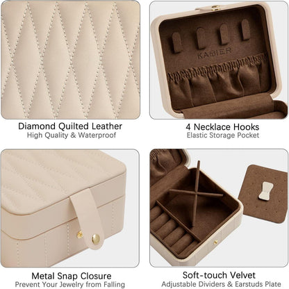 Kleine Reise Schmuckschatulle Diamant gestepptes Leder Beige