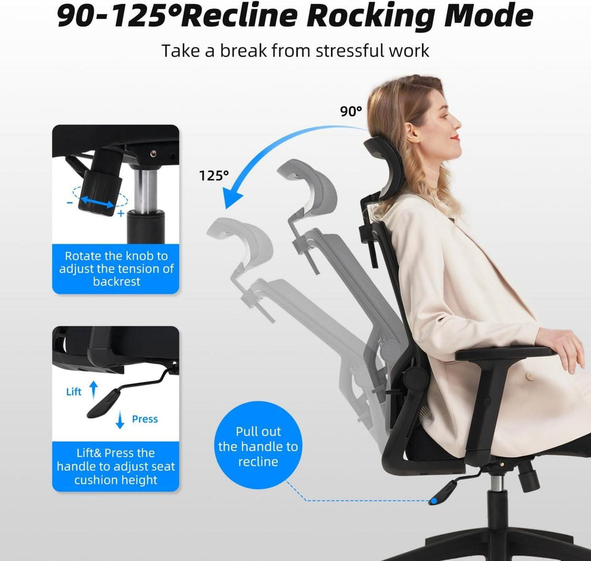 Ergonomischer Bürostuhl mit Kopfstütze, Armlehnen, Lendenstütze, Wippfunktion