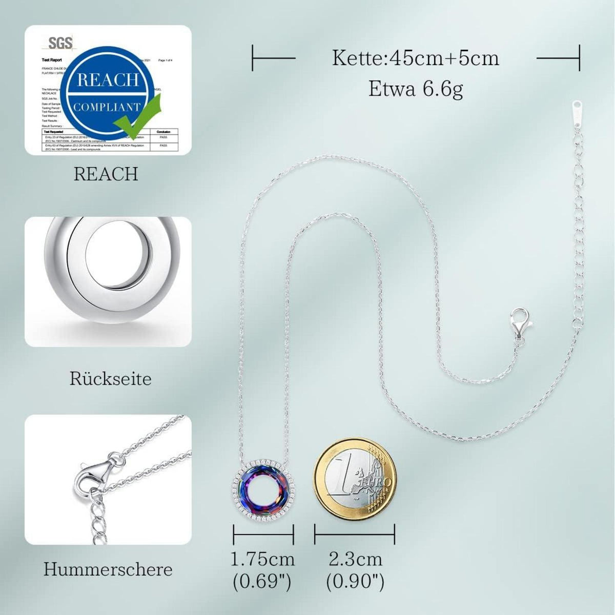 925 Sterling Silber Kette Damen Kreis Kristall Anhänger Grün 45cm Verstellbar