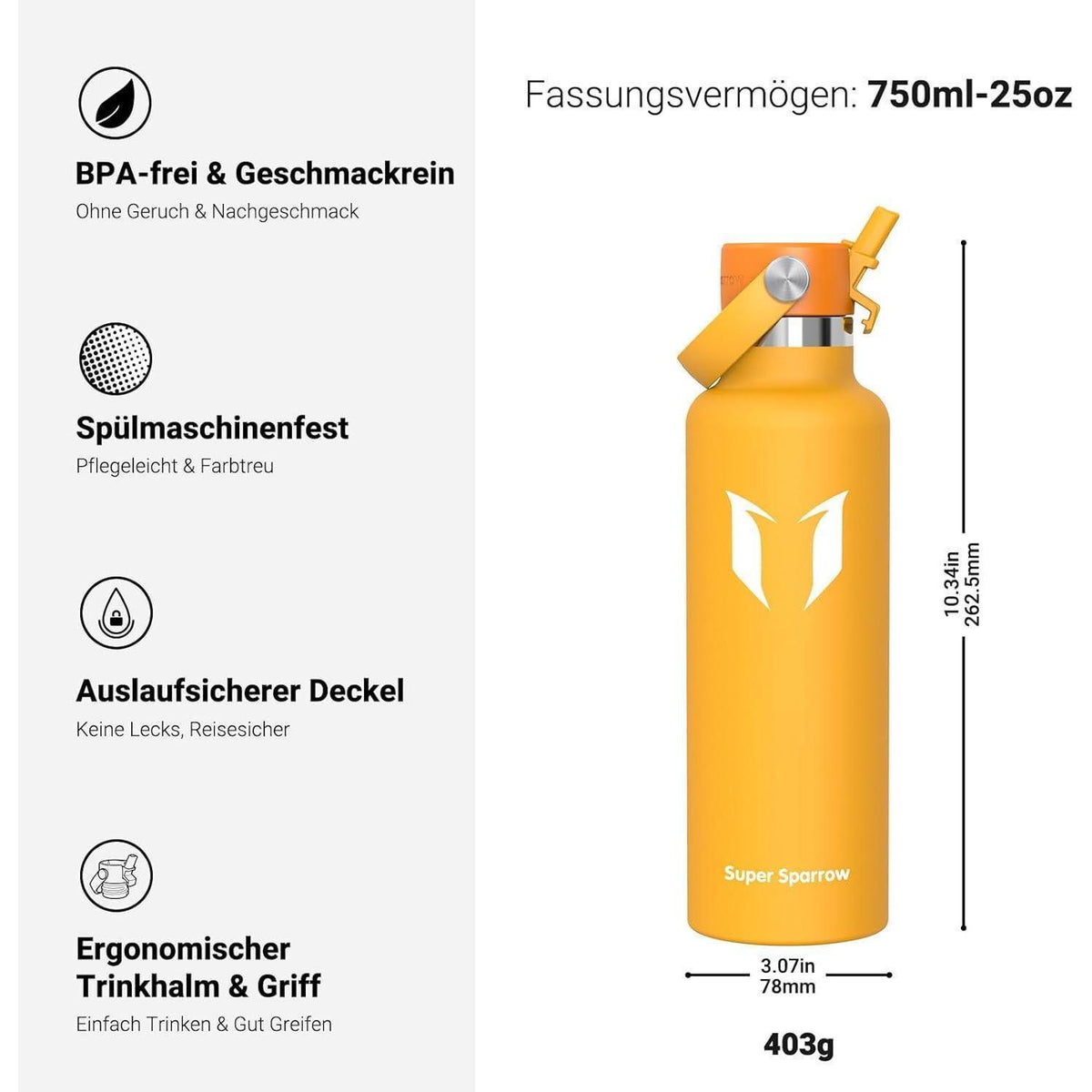 Edelstahl Thermosflasche mit Strohhalm 750ml Mango
