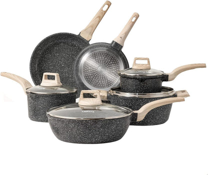 CAROTE 10tlg. Topfset mit abnehmbaren Griffen, Pfanne 24/28cm, Stielkasserolle 18cm, Wok 24cm für Induktion & Spülmaschine