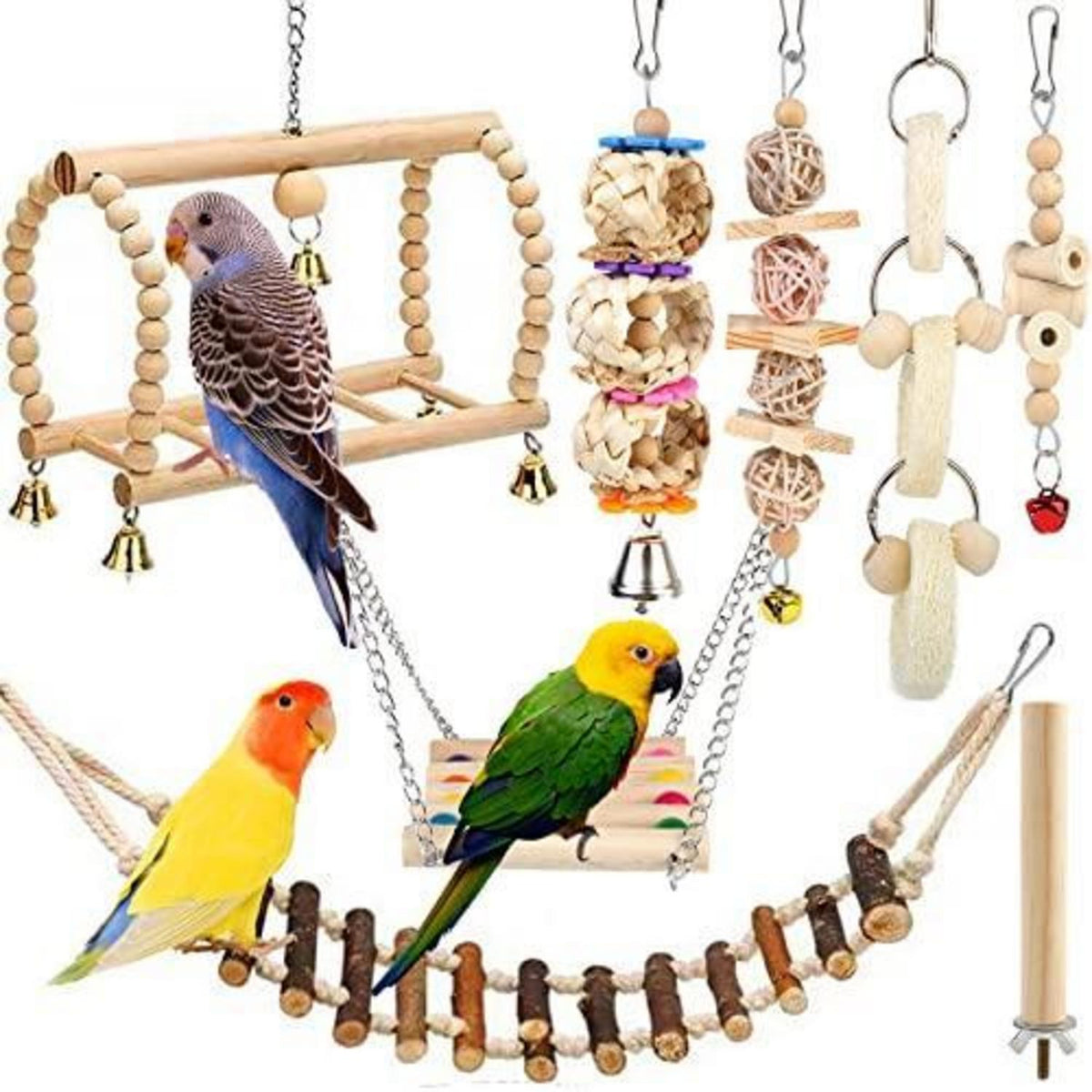 Vogelspielzeug 8er Set – Schaukel, Kauspielzeug & Glocke
