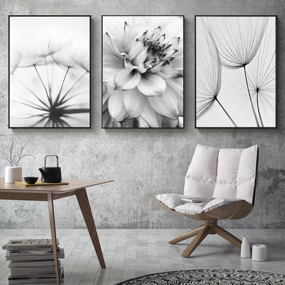 3-teiliges Poster Set Blume Feder Löwenzahn Schwarz Weiß 30x40cm