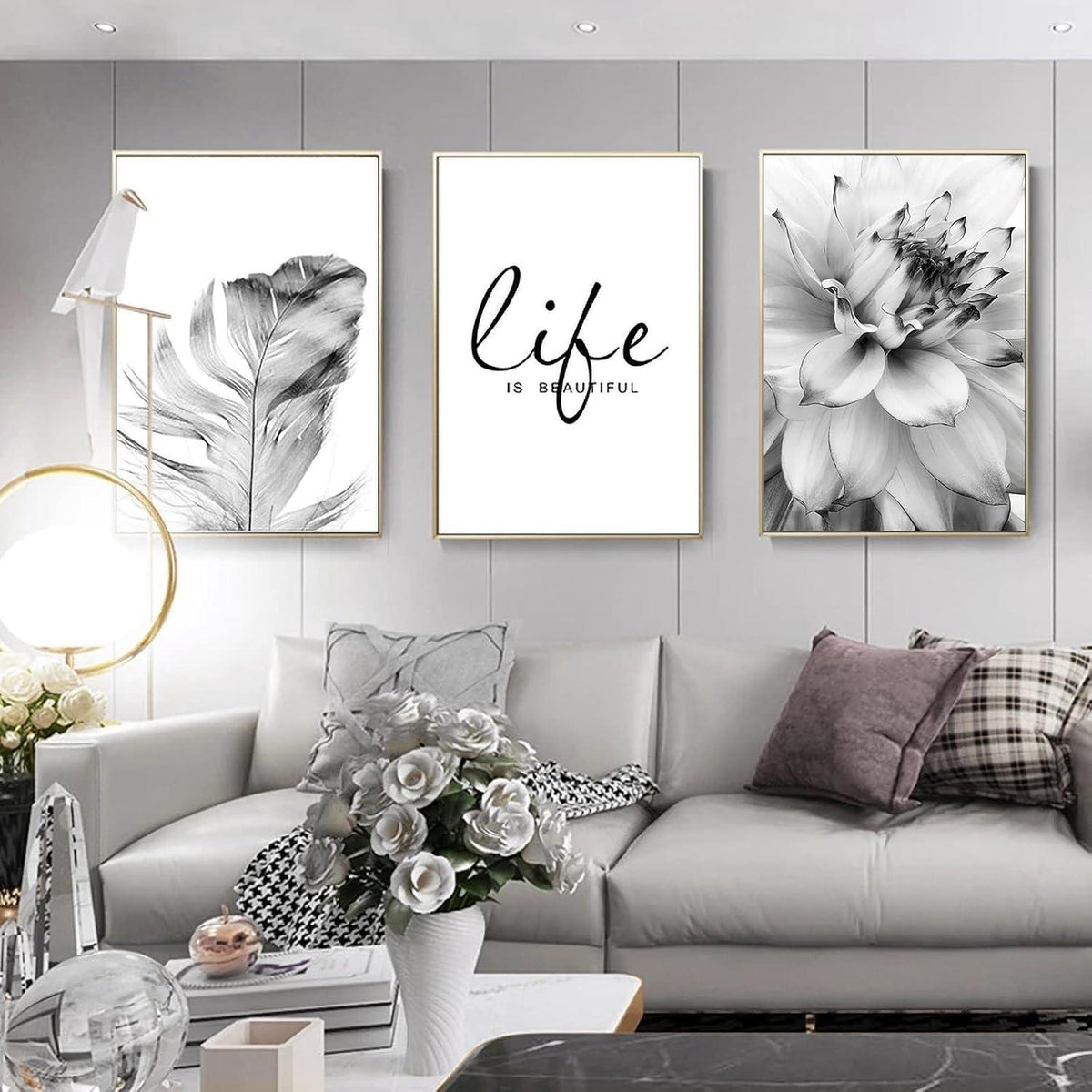 Moderne Schwarze Weiße Blumen Feder Wandbilder Set 50x70cm