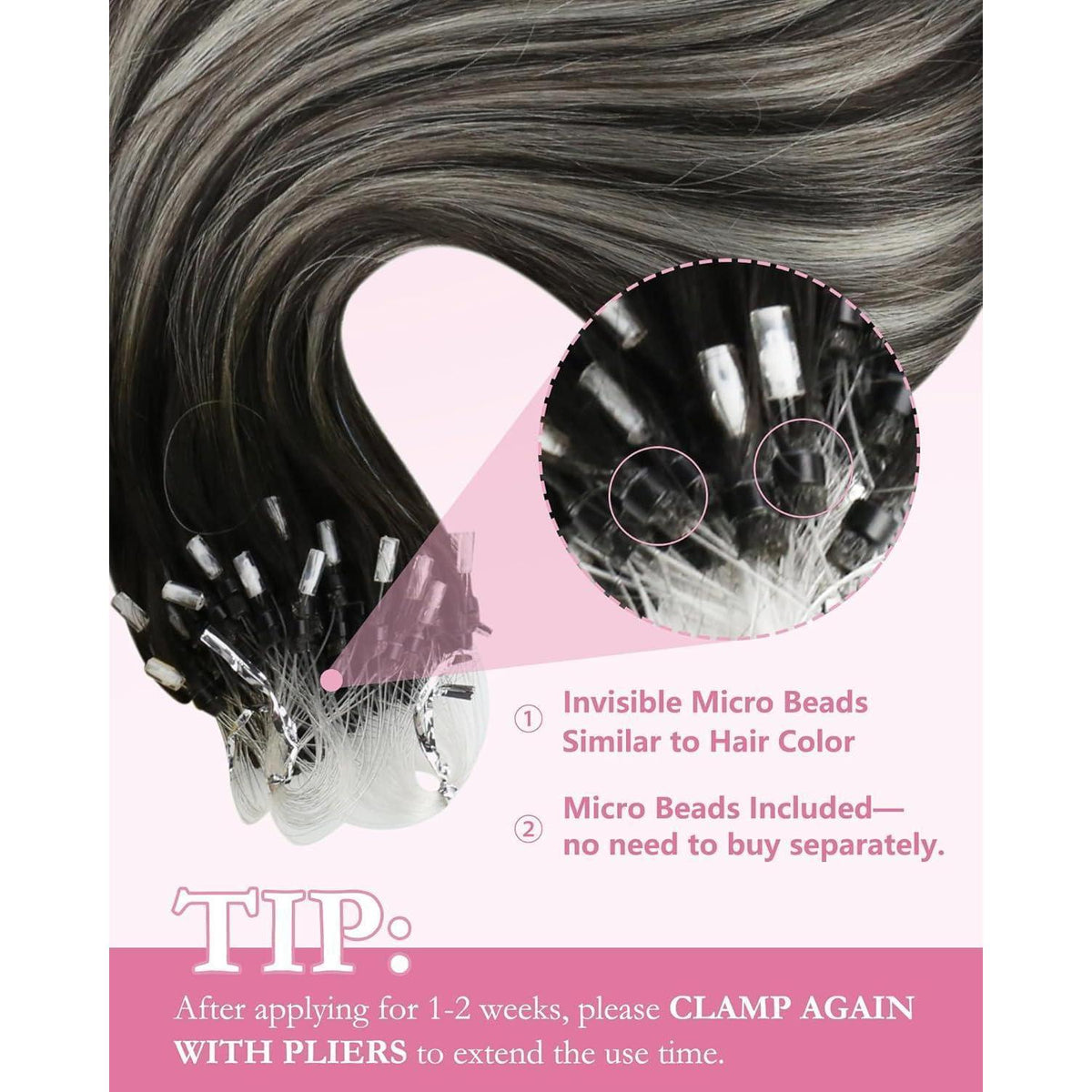 Silberne Echthaar Microring Extensions 35cm - 1B/S/1B