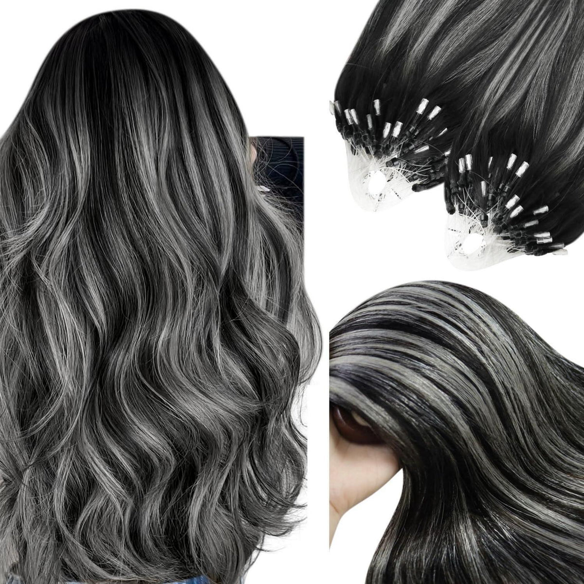 Silber Ombre Microring Haarverlängerung 50cm - 1B/S/1B