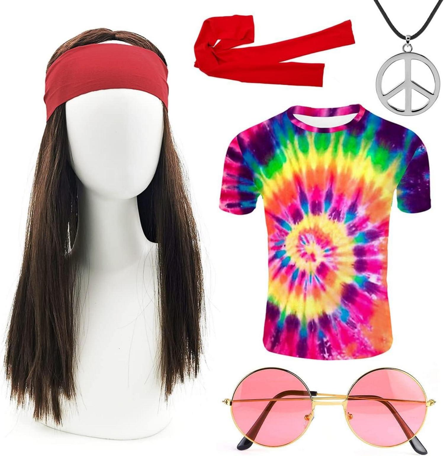 Hippie Kostüm 70er Jahre 5tlg. T-Shirt Perücke Brille Peace-Glieder Damen Herren