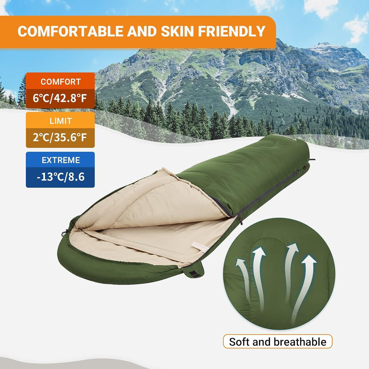 KingCamp Mumienschlafsack 3-4 Jahreszeiten Kinder Erwachsene warm für Camping Wandern Trekking Olive R Enfant