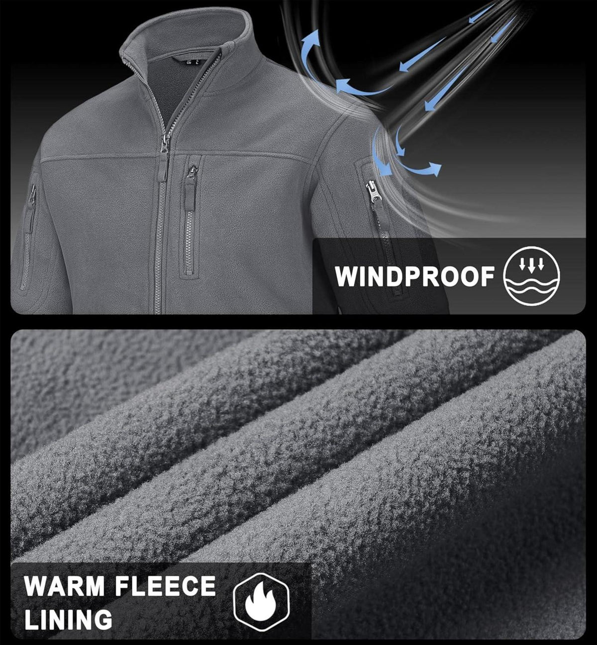 Outdoor Fleecejacke mit 7 Taschen und Stehkragen für Herren Hiking
