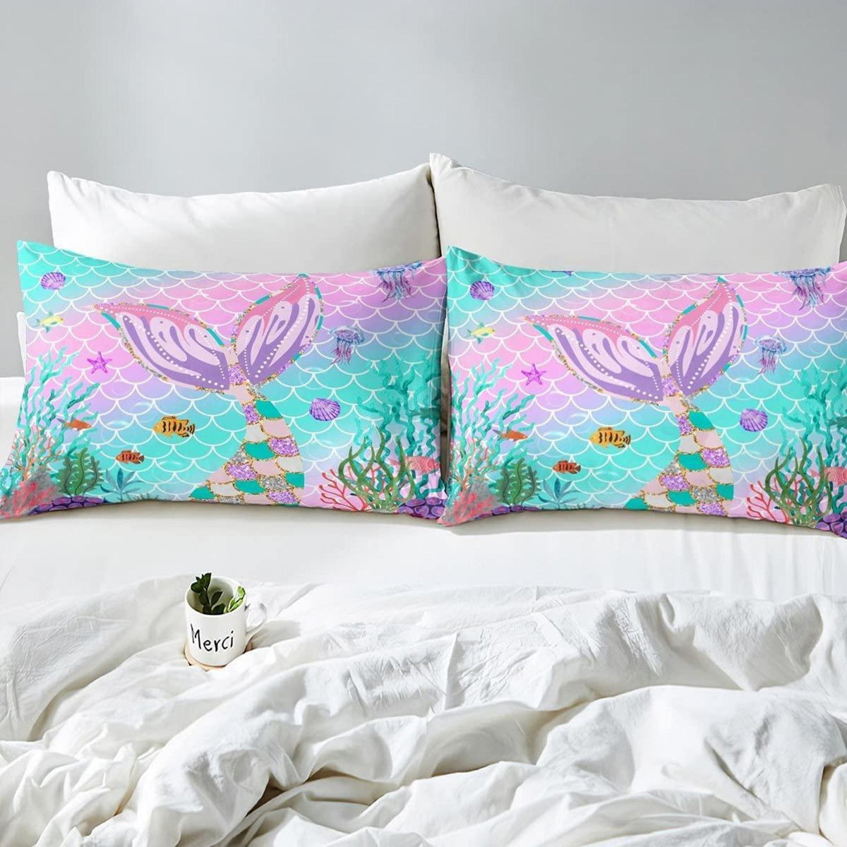 Meerjungfrauen Bettbezug Set Kinder Pailletten Rosa 135x200