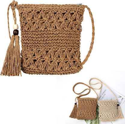 Strohtasche Damen Vintage Umhängetasche mit Quaste, Strand Handtasche Kreuzkörper Tasche