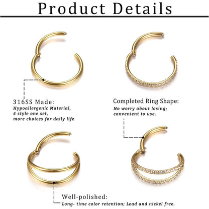 4er Set Nasenringe aus Chirurgenstahl, Gold 18G 8mm