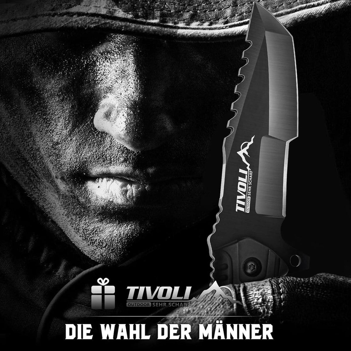 TIVOLI Großes Survival Messer- Outdoor Jagdmesser D2 Stahl Klinge Full Tang