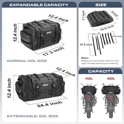 Motorrad Sitztasche 40-60L wasserdicht erweiterbar schwarz