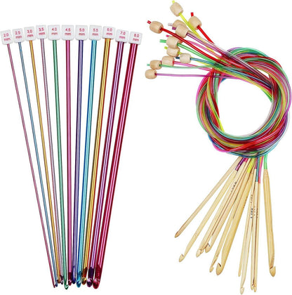 Tunesische Häkelnadel Set 23 Stück Aluminium + Bambus