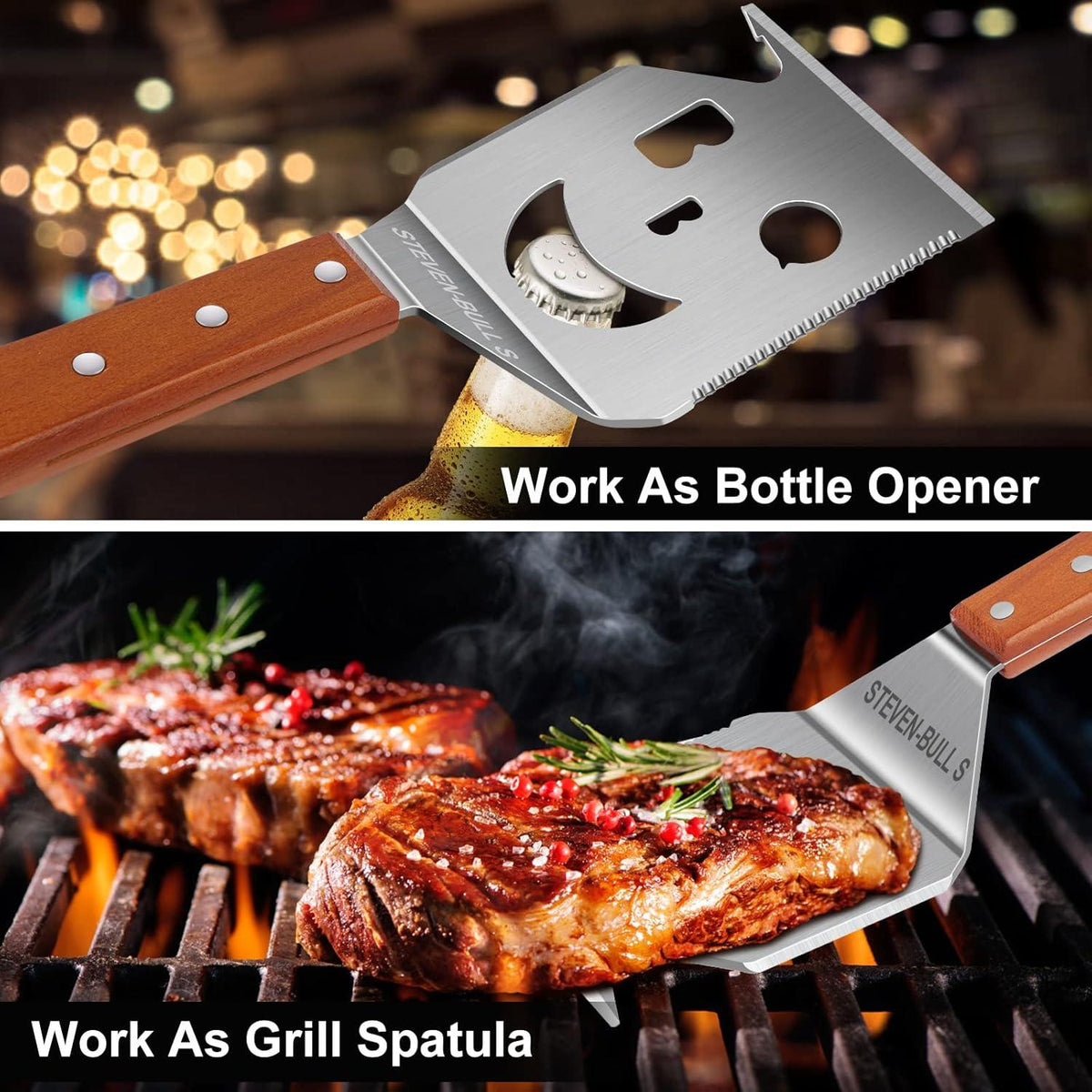 7-in-1 Grillspatel aus Edelstahl mit Holzgriff für Outdoor-Grillen