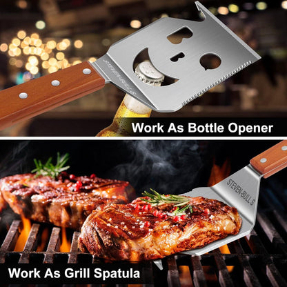 7-in-1 Grillspatel aus Edelstahl mit Holzgriff für Outdoor-Grillen