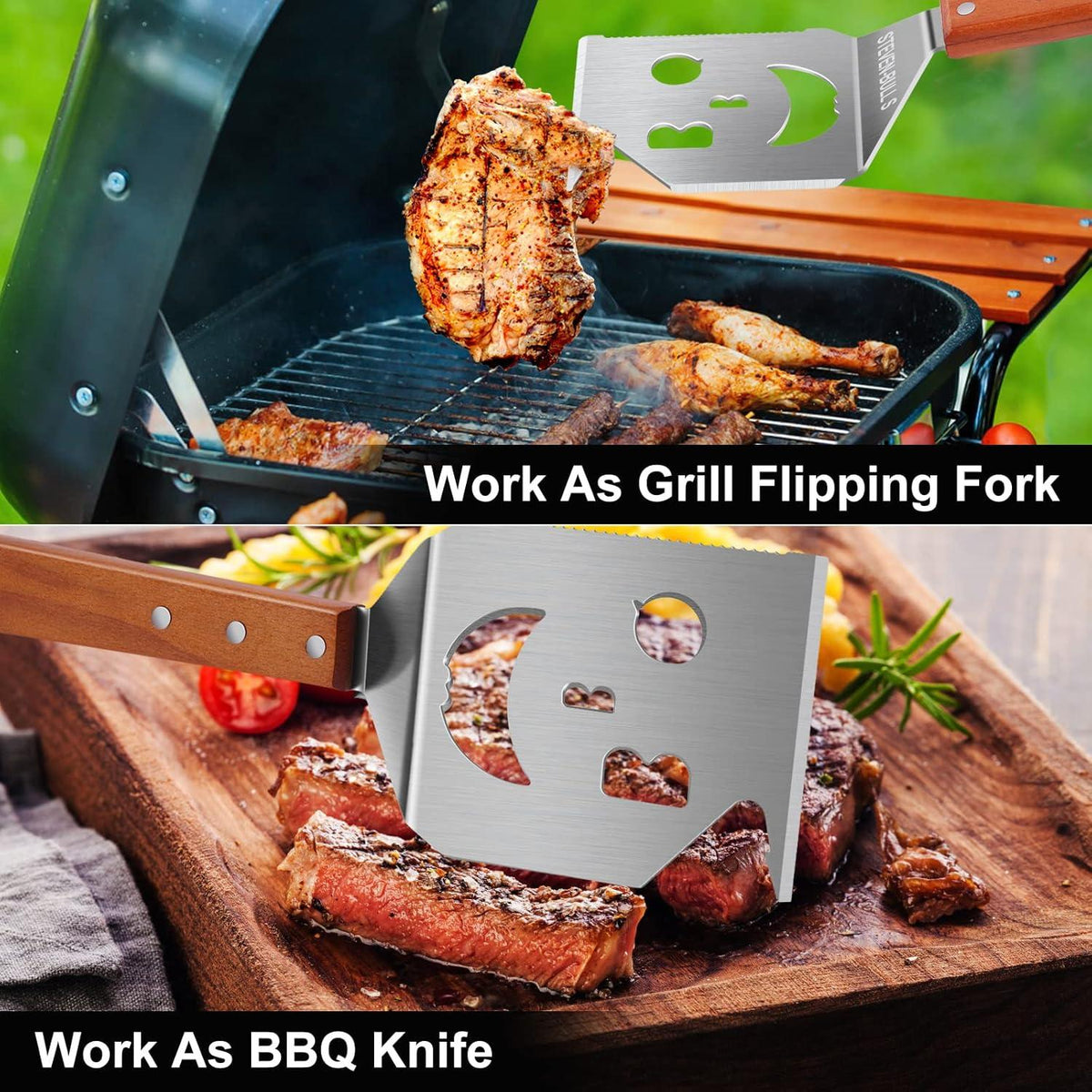 7-in-1 Grillspatel Edelstahl Holzgriff Grillutensilien Männer BBQ Geschenk